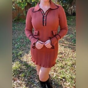 Cider Ribbed Long-Sleeve Polo Dress in Burnt Orange with Black Trim